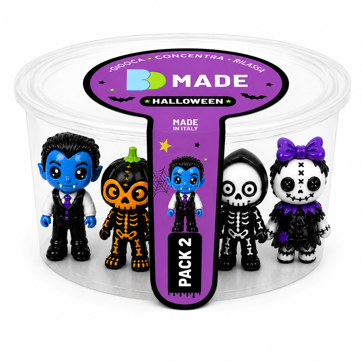 Halloween Pack 2 3D MADE — Pack Halloween NAMII con 4 fidget toy 3D stampati a tema vampiro, zucca, scheletro e bambola voodoo.