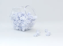 Un barattolo esagonale in plastica trasparente colmo di piccoli scheletri bianchi Namii, con quattro mini figure disposte ordinatamente in fila sulla superficie chiara antistante.