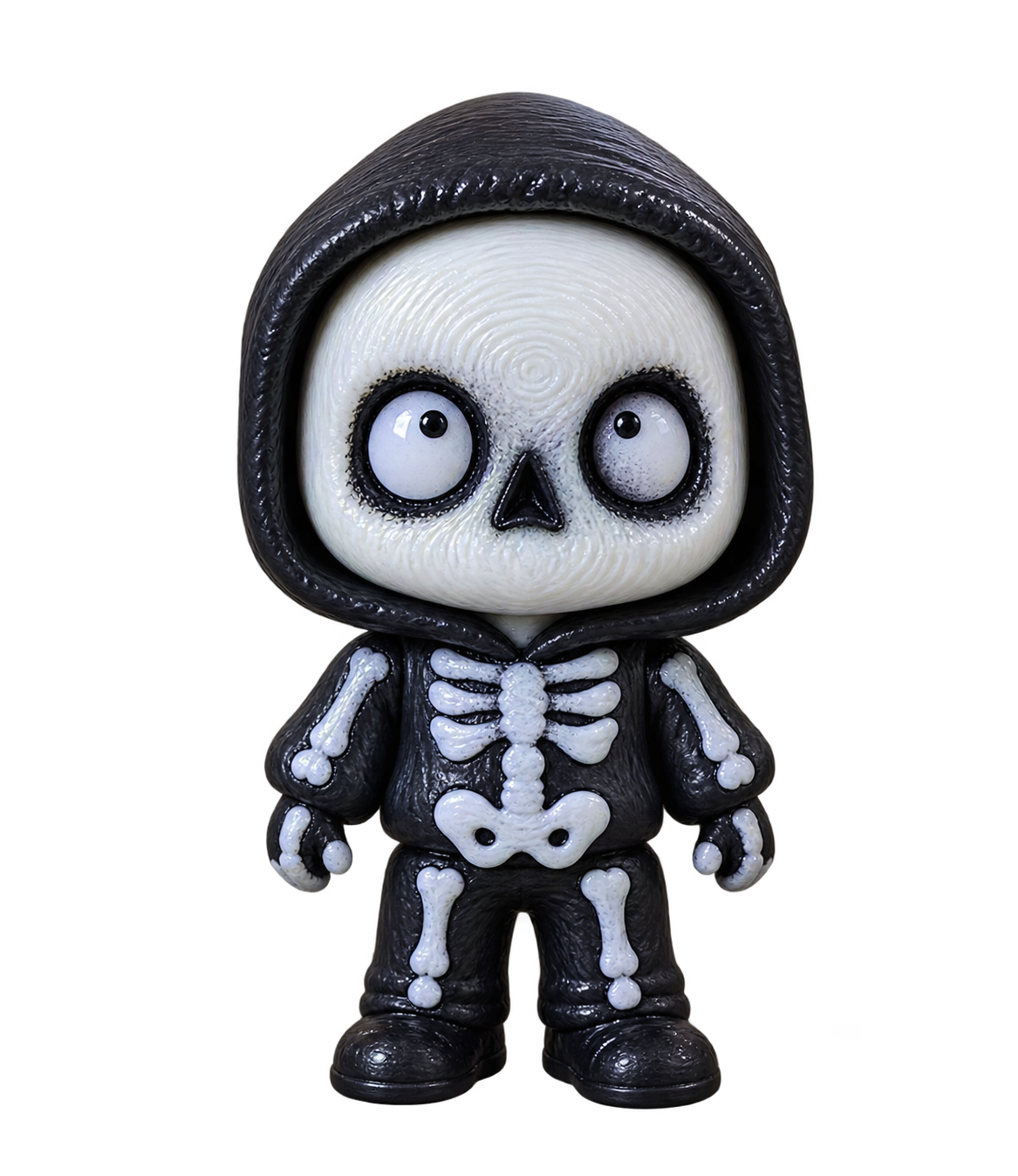 Scheletro — NAMII Scheletro Halloween, fidget toy 3D stampato con ossa bianche e corpo nero.