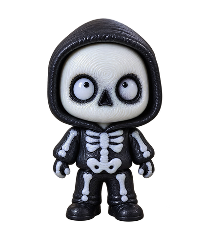 Scheletro — NAMII Scheletro Halloween, fidget toy 3D stampato con ossa bianche e corpo nero.