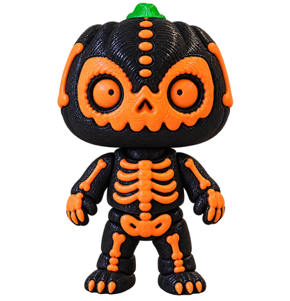 Zucca — NAMII Zucca Halloween, fidget toy 3D stampato a forma di zucca con teschio scheletrico.
