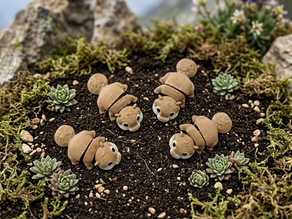 Una scenografia ambientata nella natura che mostra quattro modellini articolati Namii Mini Marmotta posizionati su un terreno di terra e muschio circondato da piccole piante succulente e rocce.